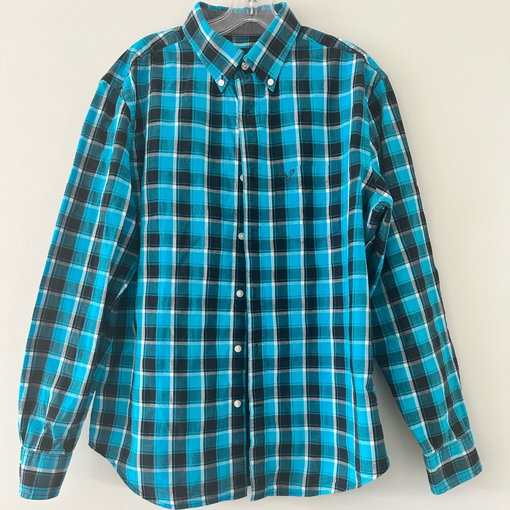 American Eagle Outfitters Turquoise and Black Plaid Shirt